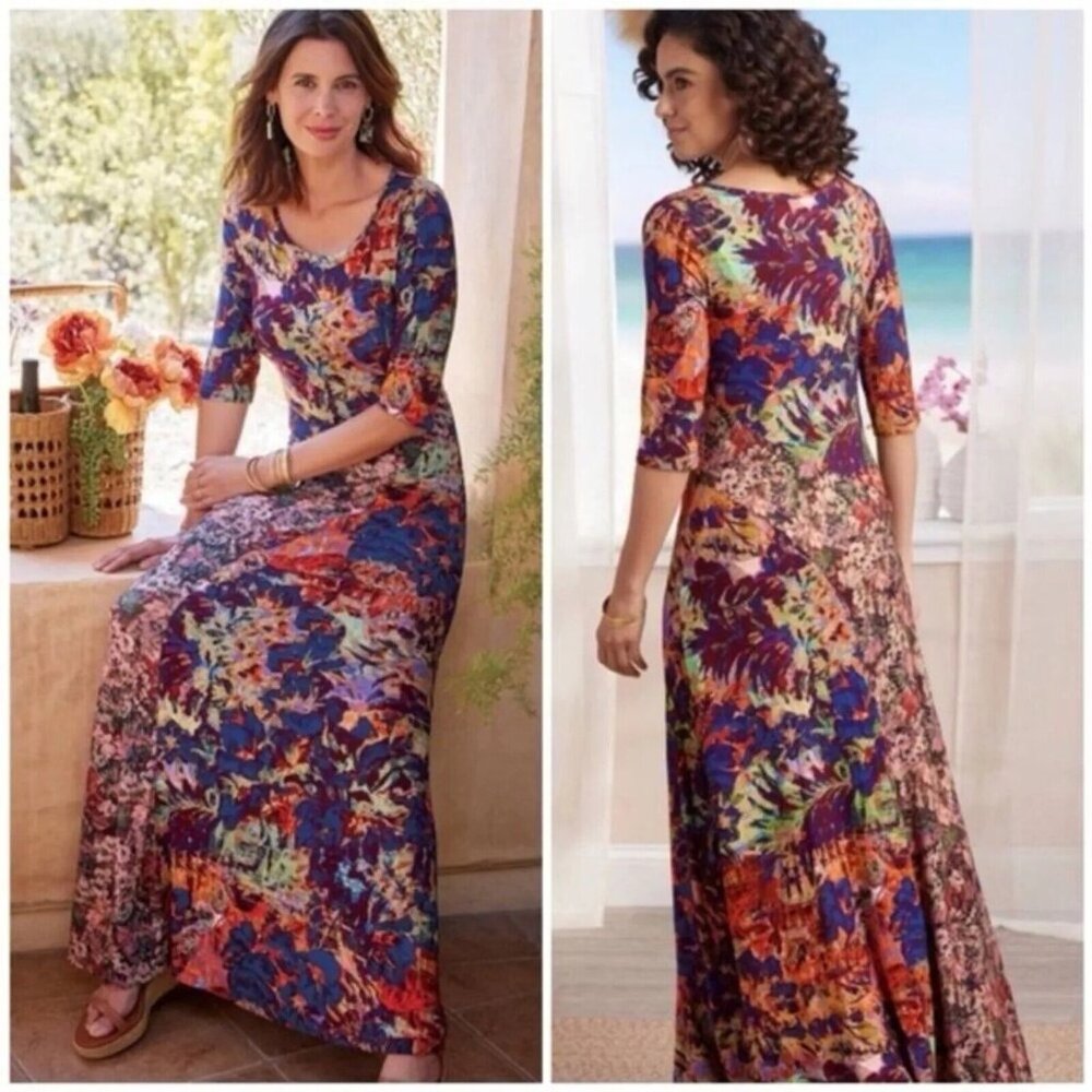 SOFT SURROUNDINGS Estelle Maxi Dress Jersey Knit Mixed Patterns, Size M Medium - Picture 2 of 13